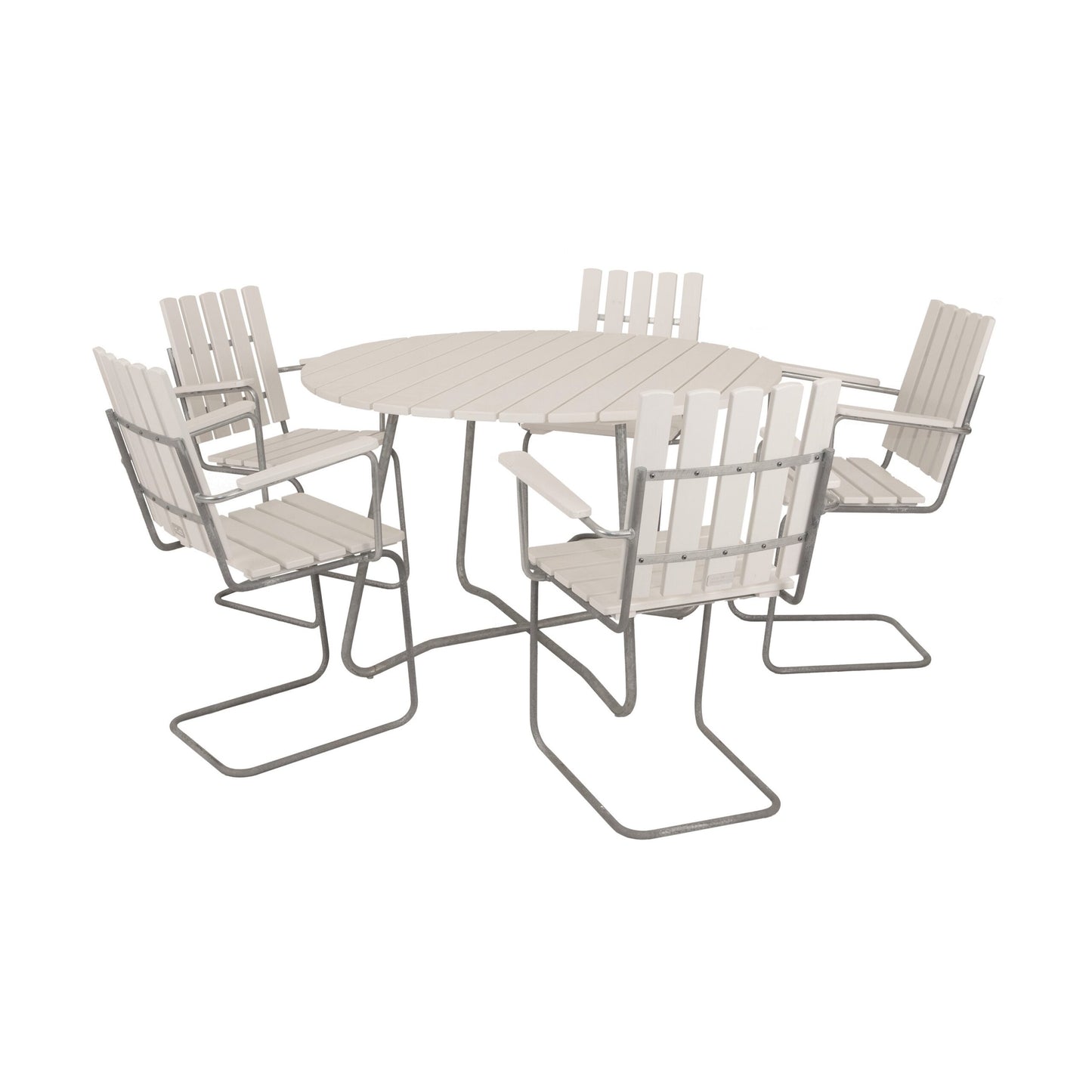 Matgrupp Amanda runt 120 cm diameter, 5 fåtöljer, vit/galvat Eden Wood